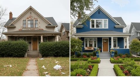 Exterior repaint, before and after: tired frontage restored and repainted